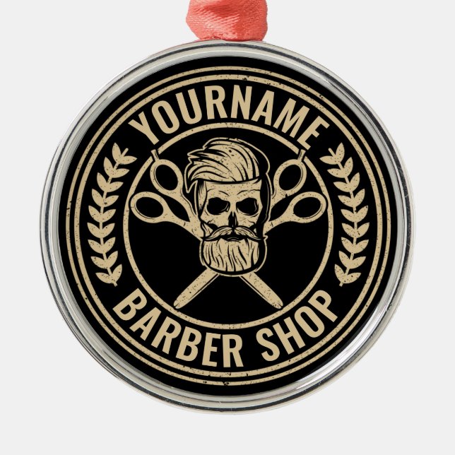Personlig Barber Shop Skull Rockabilly Salon Julgransprydnad Metall (Framsidan)