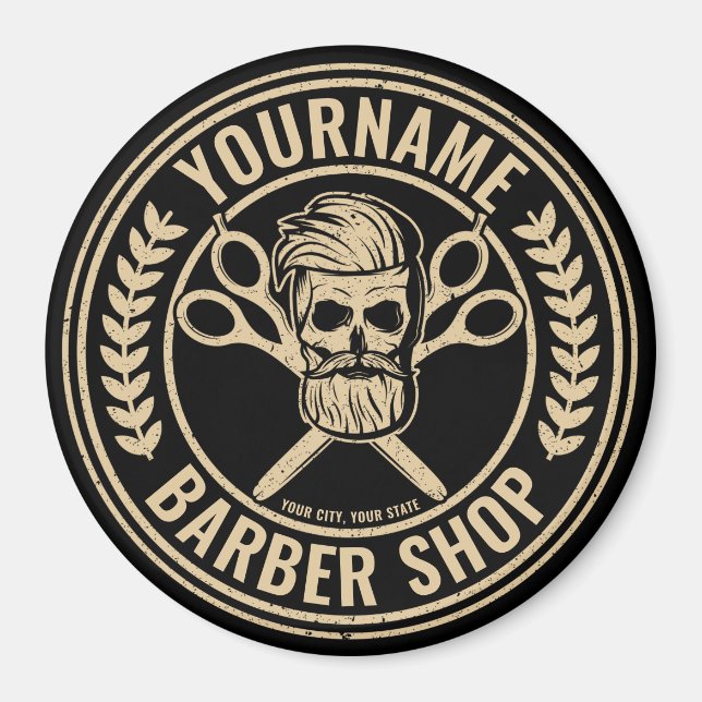 Personlig Barber Shop Skull Rockabilly Salon Magnet (Framsidan)