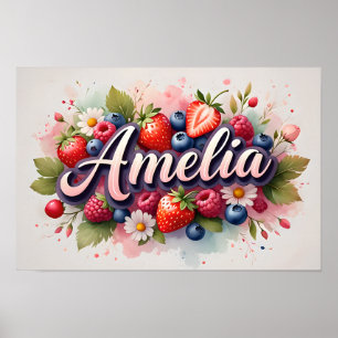 Personlig bärblomsnamnskylt "Amelia" Poster