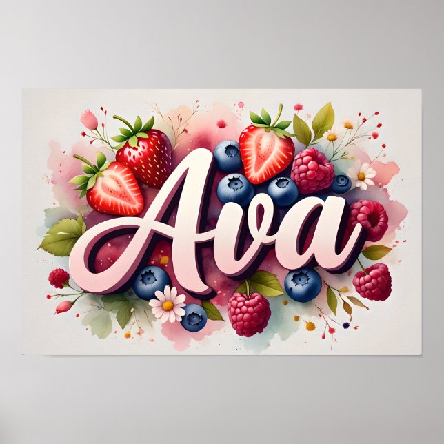 Personlig bärblomsnamnskylt "Ava" Poster (Framsidan)