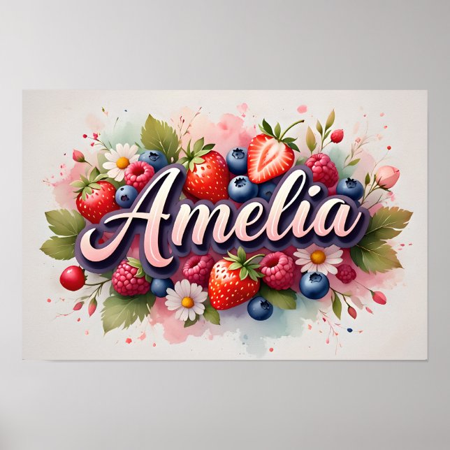 Personlig bärblomsnamnsposter "Amelia" Poster (Framsidan)