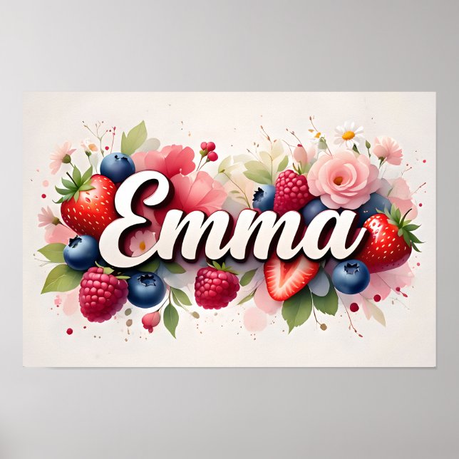 Personlig bärblomster Namnplans - "Emma" - Poster (Framsidan)