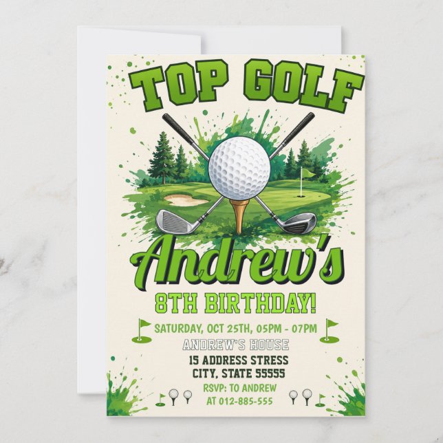 Personlig barn golf födelsedag inbjudningar (Framsida)