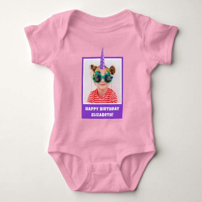 Personlig Barnfoto Glad Födelsedag Enhörning T Shirt (Framsida)