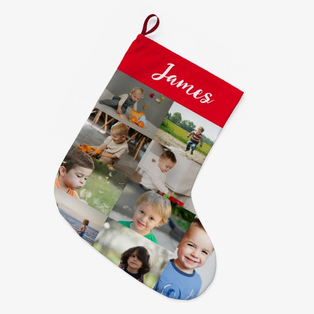 Personlig barnnamn & fotokollage stor julstrumpa (Framsidan (Hängande))