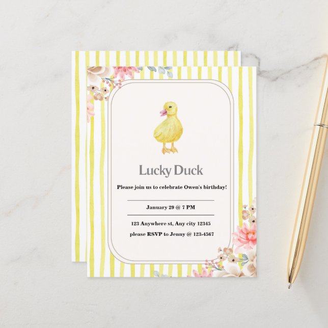 personlig barns födelsedag-kort med anka (Fram/Back In Situ)