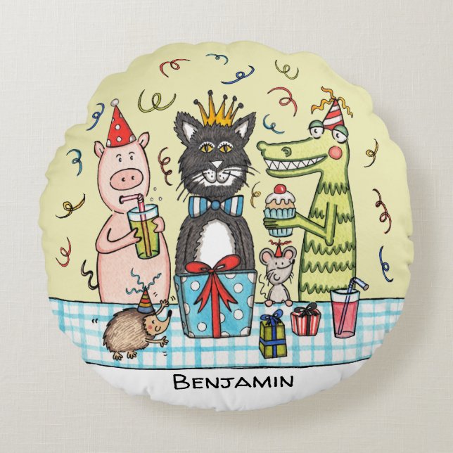 Personlig Barns Party Djuren Round Cushion Rund Kudde (Framsidan)