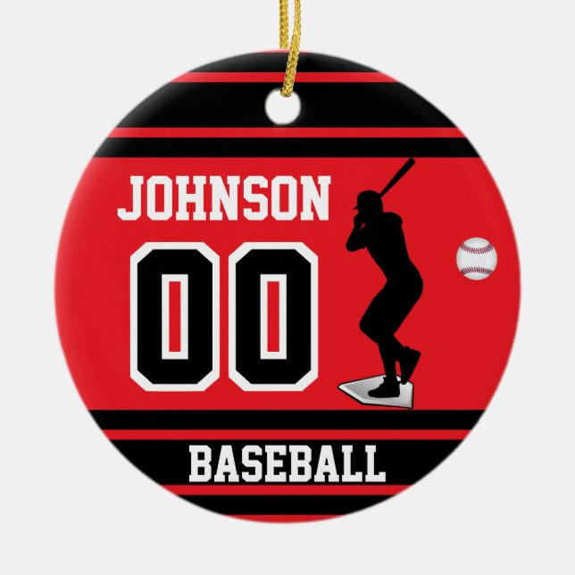 Personlig Baseball Batter | Röd och svart Julgransprydnad Keramik (Framsidan)