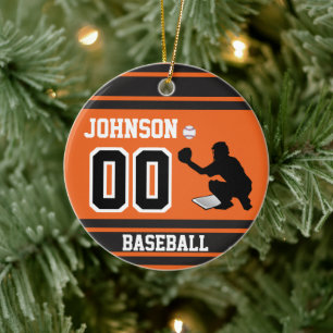 Personlig Baseball Catcher Orange och svart Julgransprydnad Keramik