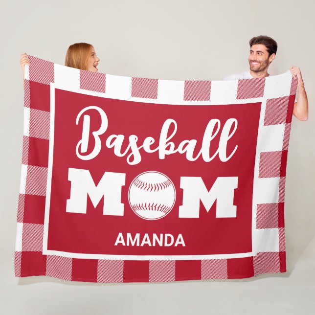 Personlig Baseball Mamma Namn Red Gingham Play Fleecefilt (På plats)