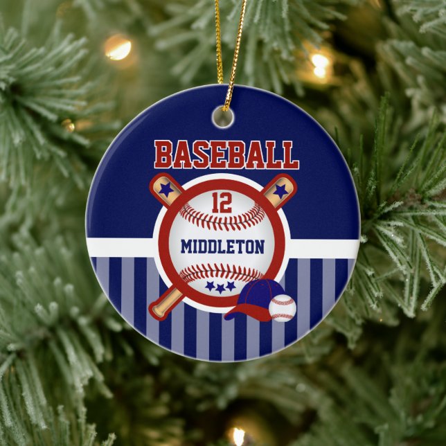 Personlig Baseball | Mörk blått och röda Julgransprydnad Keramik (Träd)