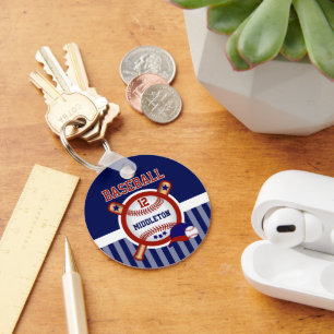Personlig Baseball   Mörk blått och röda Nyckelring