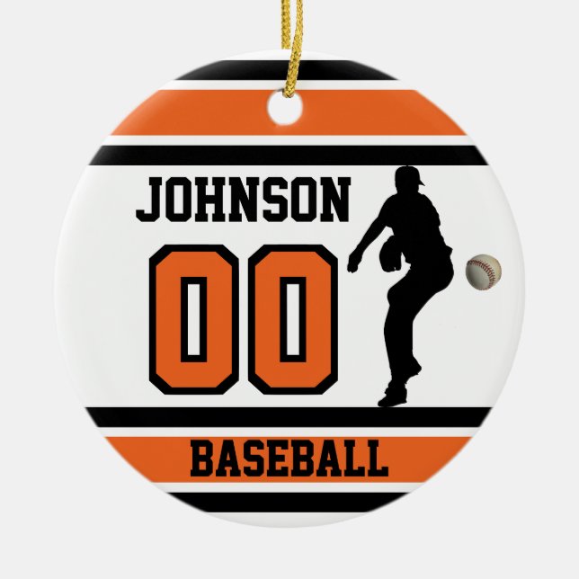 Personlig ⚾ Baseball | Orange, vitt och svart Julgransprydnad Keramik (Framsidan)