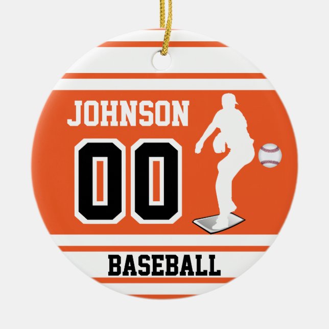 Personlig ⚾ Baseball Pitcher | Orange och vit Julgransprydnad Keramik (Framsidan)