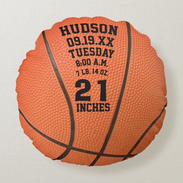 Personlig Basketball Namn och Baby Stats Rund Kudde (Framsidan)