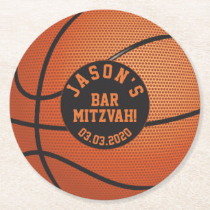 Personlig Basketball Pub Mitzvah Orange Black Underlägg Papper Rund