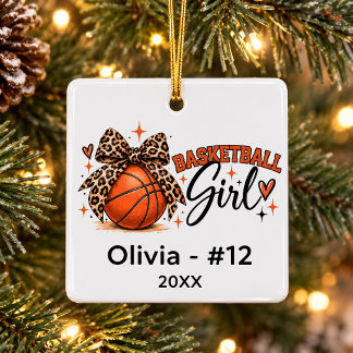 Personlig Basketboll Flicka Leopardbåge Jul Julgransprydnad Keramik