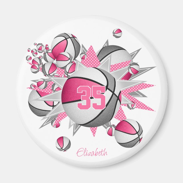 personlig basketbullar stjärnor rosa grått magnet (Framsidan)