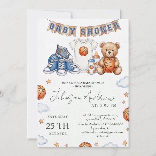 Personlig baskettemababyshowertext inbjudningar (Framsida)