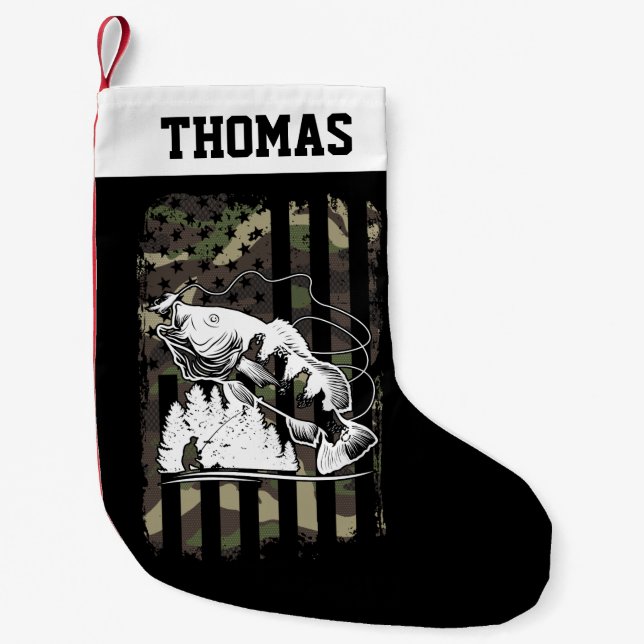 Personlig Bass Fishing USA flagga Sportsmen Gift Liten Julstrumpa (Framsidan)