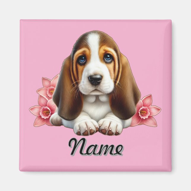 Personlig Basset har hundvalpar med blommor Magnet (Framsidan)