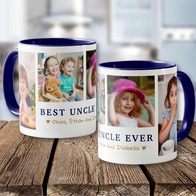 Personlig Bästa Farbror Någonsin 4 Foto Blå Guld  Mugg (Skapare uppladdad)
