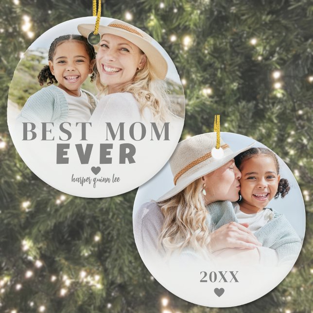 Personlig Bästa Mamma 2-fotojul Julgransprydnad Keramik (Personalized Best Mom 2 Photo Christmas Ceramic Ornament)