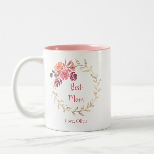 Personlig "Bästa Mamma" mugg med blommigt (Vänster)