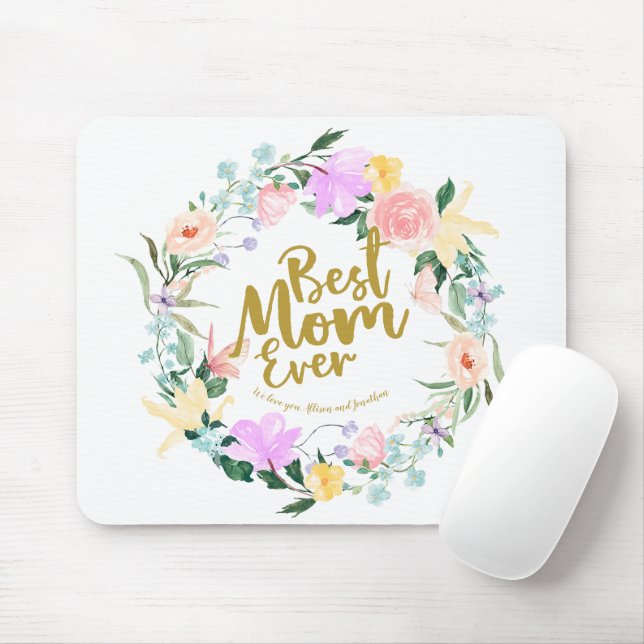 Personlig "Bästa mamma någonsin" blommig Musmatta (Med mus)