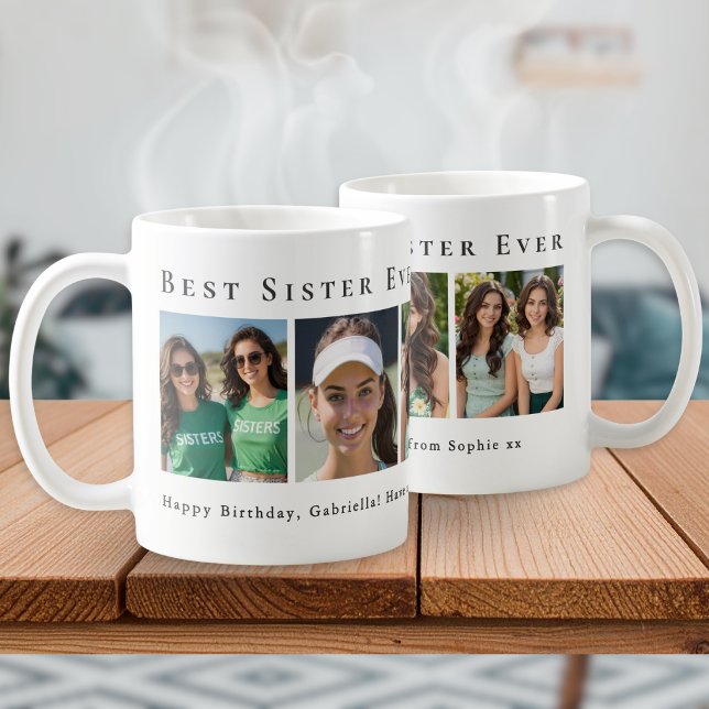 Personlig "Bästa syster någonsin" 5 Fotokollage Kaffemugg (A coffee mug for the "Best Sister Ever", with a collage of 5 photos and personalized message )