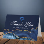 Personlig Bat mitzvah för marinblått Guld-agat Tack Kort<br><div class="desc">Elegantens marinblått och guld-agate dekorerar sidan av detta moderna Bat mitzvah tackkort. Mazel Tov! Anpassa med ditt namn under David Star. Perfekt kort för en chic,  snyggt judisk familj som firar en flicka som kallas till Torah.</div>