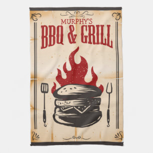 Personlig BBQ och Grill Familj Burger Flames Kökshandduk