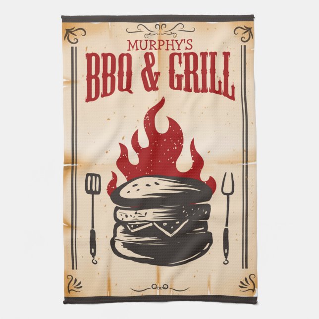 Personlig BBQ och grill Family Burger Flames Kökshandduk (Vertikal)
