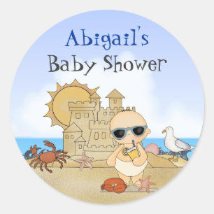 Personlig Beach Pojke Baby Shower Stickers Runt Klistermärke