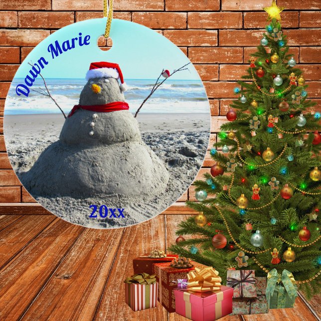 Personlig Beach Sand Santa "Snögubbe" Julgransprydnad Keramik (beach santa snowman)