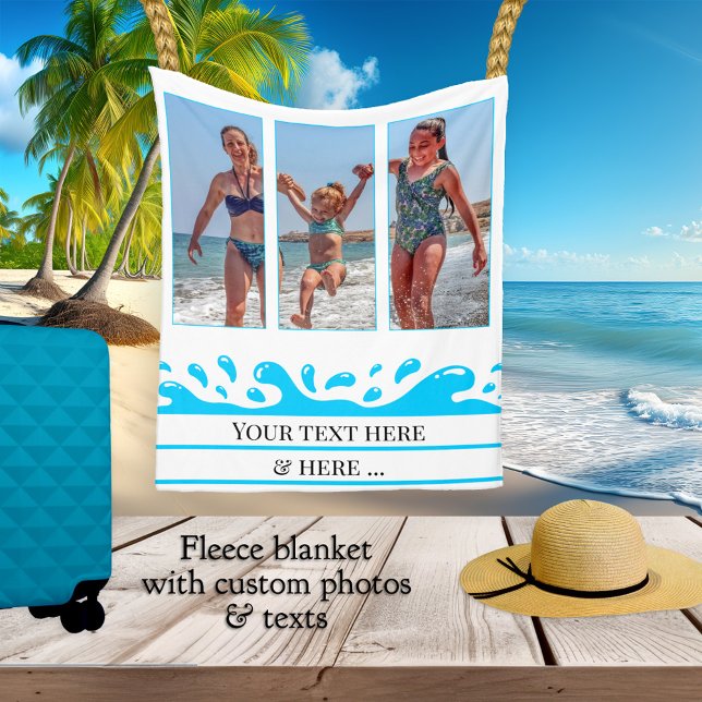 Personlig Beach Stänk Photo Fleece Blanket (Fleece blanket featuring your photos and texts with a wave splash image and fresh turquoise stripes)