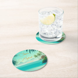 Personlig Beach Wedding Favor Keepsaké Underlägg Papper Rund