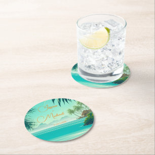 Personlig Beach Wedding Favor Keepsaké Underlägg Papper Rund