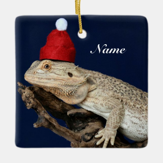 Personlig Bearded Dragon Lizard - Santa Hat Julgransprydnad Keramik (Framsida)