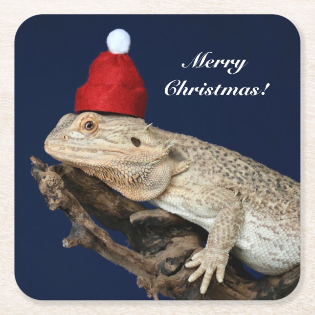 Personlig Bearded Dragon Lizard - Santa Hat Underlägg Papper Kvadrat (Framsidan)