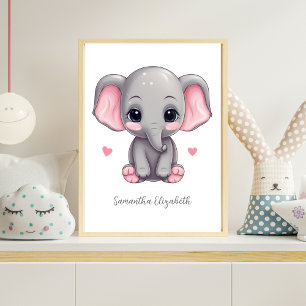 Personlig Bebis Flicka Sängkammare Rosa Grå Elefan Poster