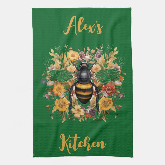 Personlig Bee & Wildblommor - Kökshandduk (Vertikal)