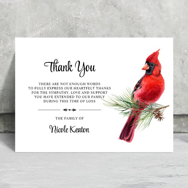 Personlig begravnings TACK kardinalkort Kort (Personalized Funeral THANK YOU Cardinal Bird Note Card)