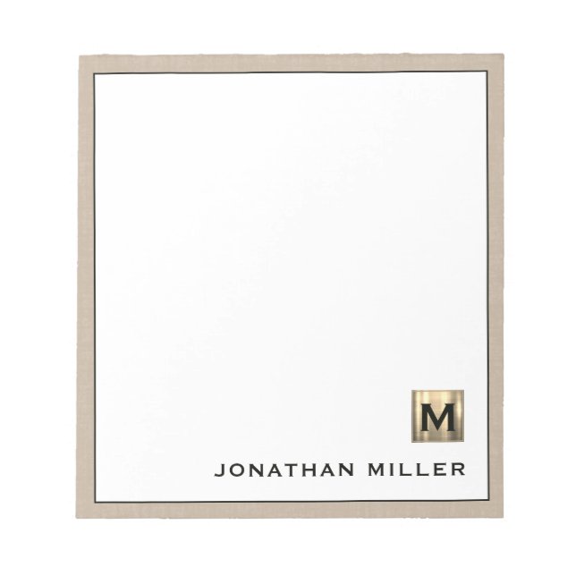Personlig Beige Linen Guld Monogram Anteckningsblock (Framsida)