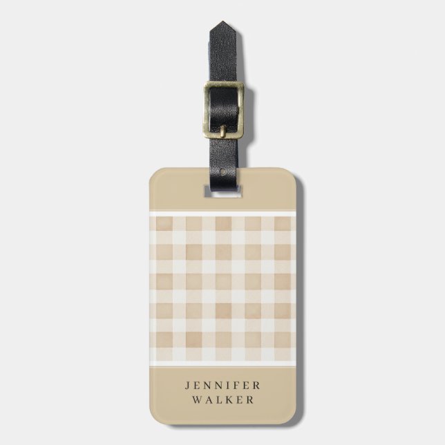 Personlig beige rutig bagagetikett bagagebricka (Vertikal Framsida)