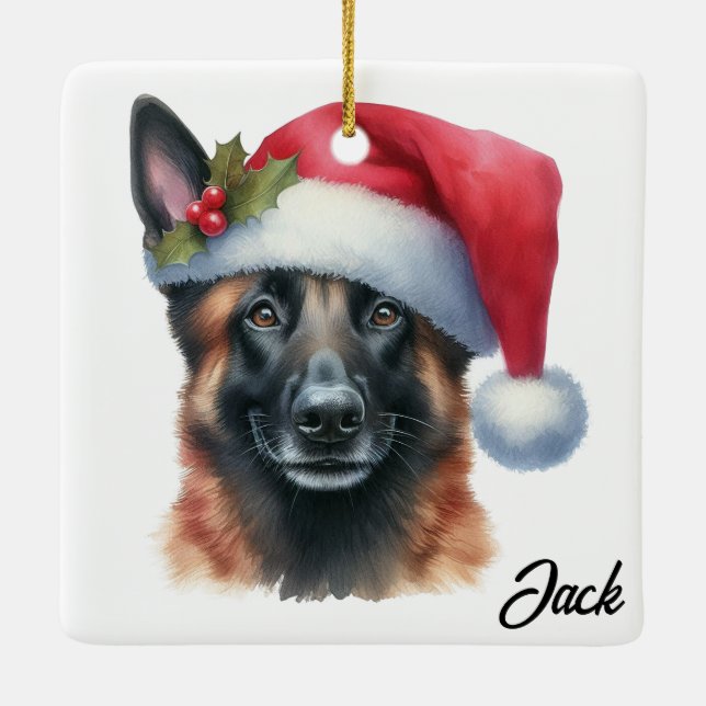 Personlig belgisk Malinois-hund med tomtehatt Julgransprydnad Keramik (Baksida)