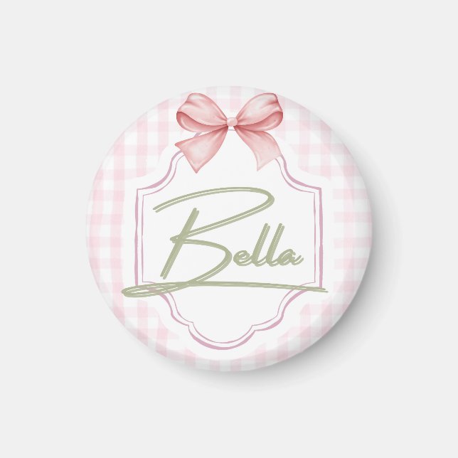 Personlig Bella Flicka Nursery Bow&Gingham Magnet (Framsidan)