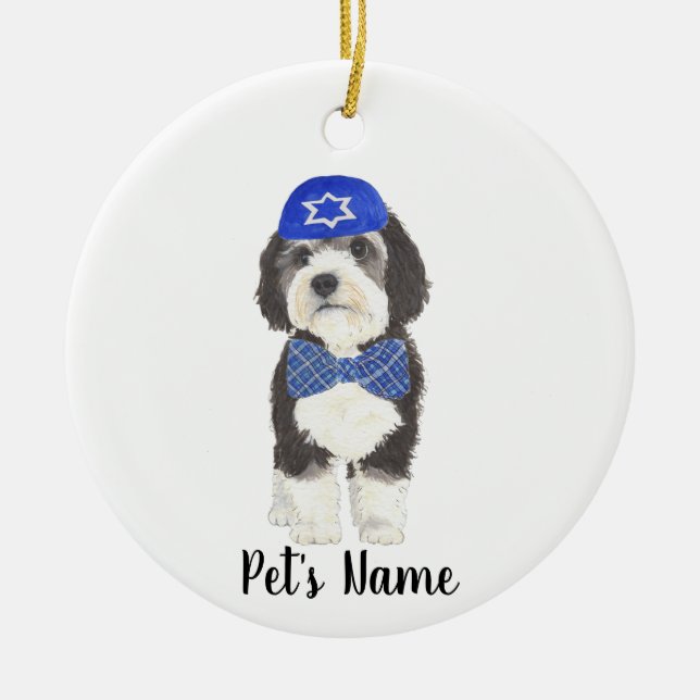 Personlig Bernedoodle Blue Yarmulke Bow Tie Julgransprydnad Keramik (Framsidan)
