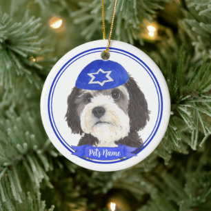 Personlig Bernedoodle Hanukkah Yarmulke Blå Julgransprydnad Keramik