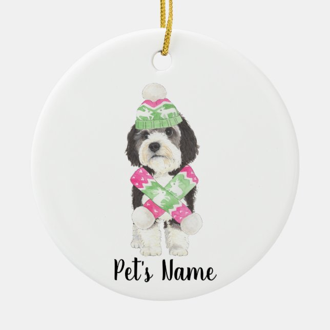 Personlig Bernedoodle Rosa och Grönt jul Julgransprydnad Keramik (Framsidan)